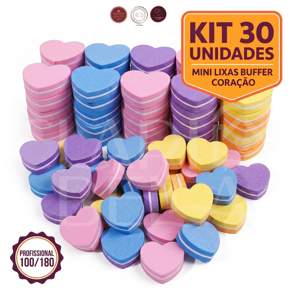 Kit 30 Mini Lixas Buffer Coração 100/180 para Unhas – Polimento e Acabamento Profissional