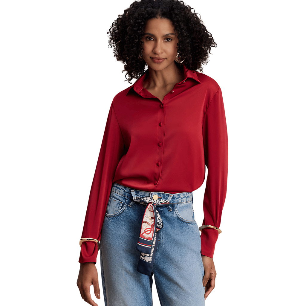 Blusa Feminina Manga Longa Cetim Botões Flor De Lis