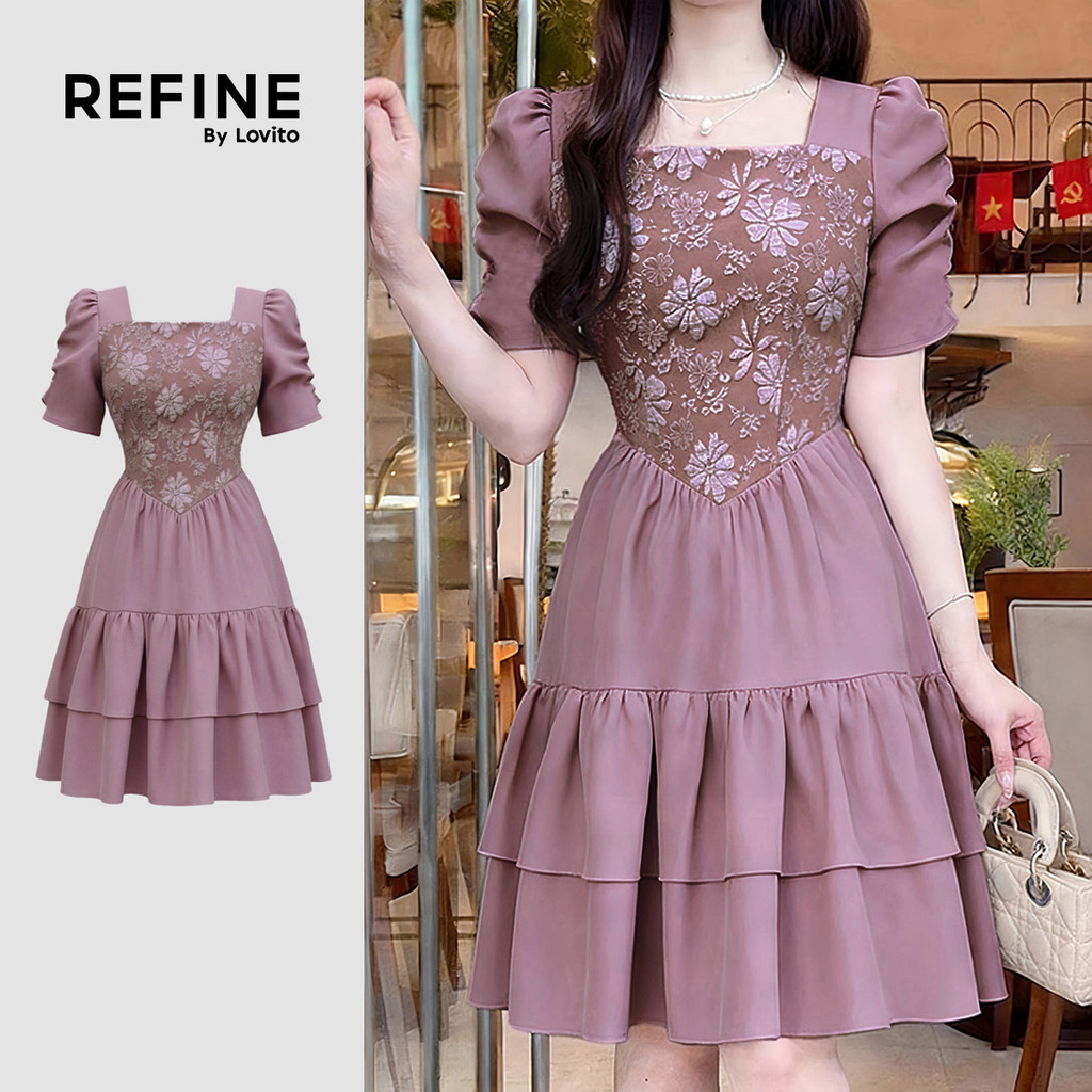 (Refine by Lovito) Nacional Vestido Feminino Jacquard Elegante Textura Confortável Cinza Rosa Primavera/verão LR29E463