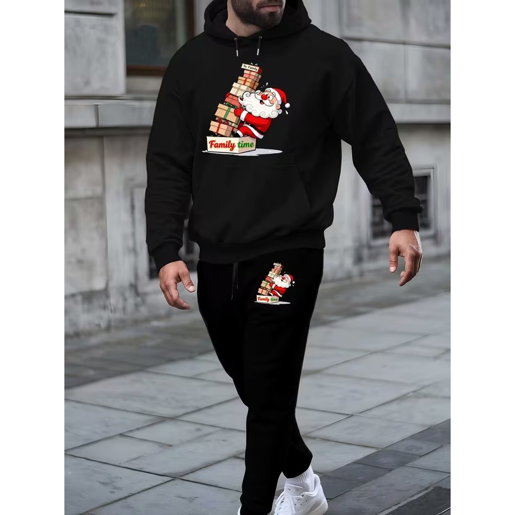 Conjunto Moletom Masculino Torre de presentes Blusa De Frio Canguru Bolso e Capuz+Calça Moletom Estampado Outono/Inverno