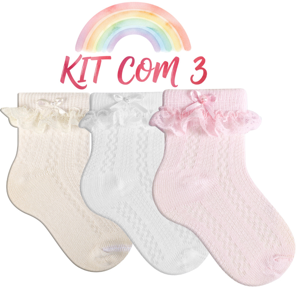 Kit 3 Pares Meia Infantil Bebê Menina Rendada 16 ao 25 Confortável Macia