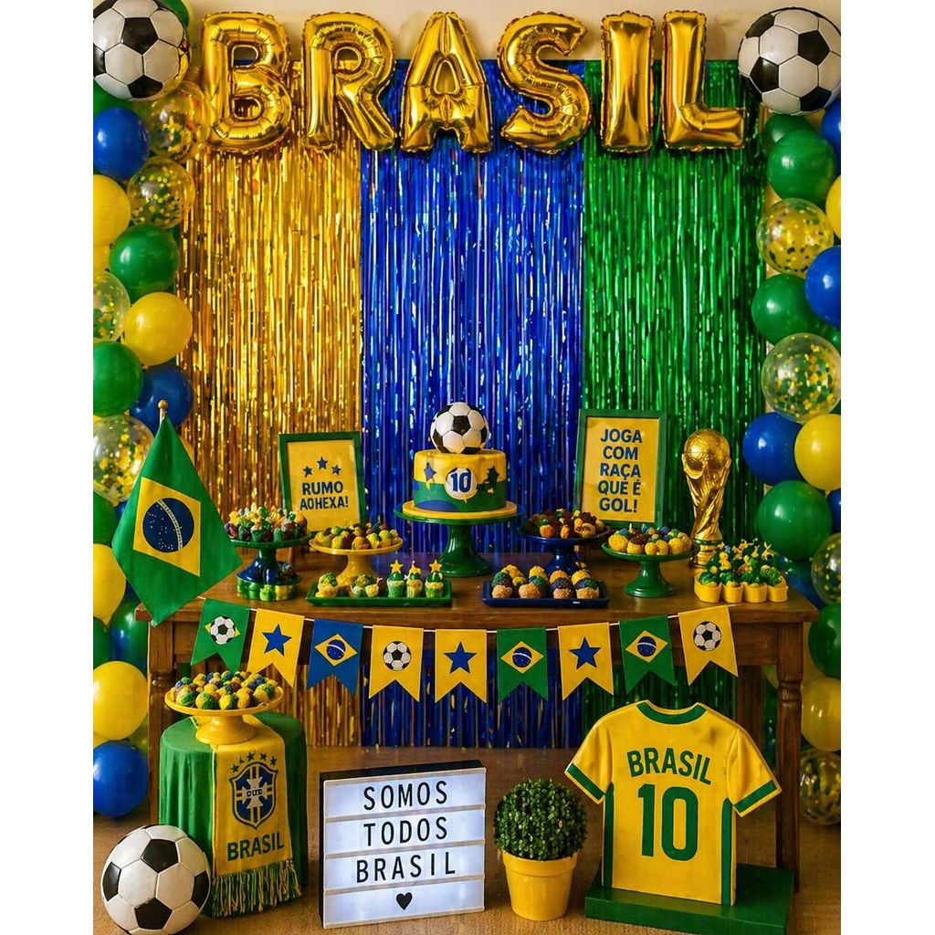 Kit Balão Letras Brasil 40cm + 3 Cortinas Metalizada copa do mundo futebol decoração enfeite festa