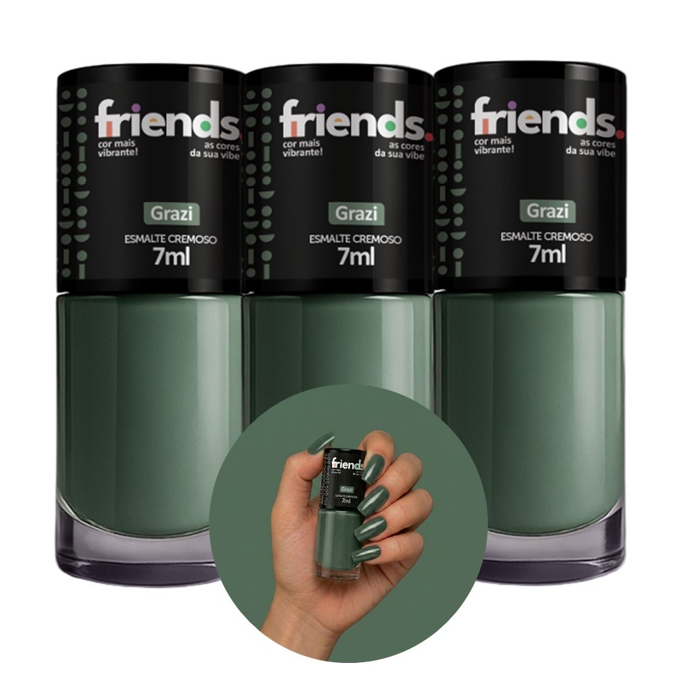 Kit 3 Esmalte Cremoso Verde Grazi Friends 7ml Cor Vibrante