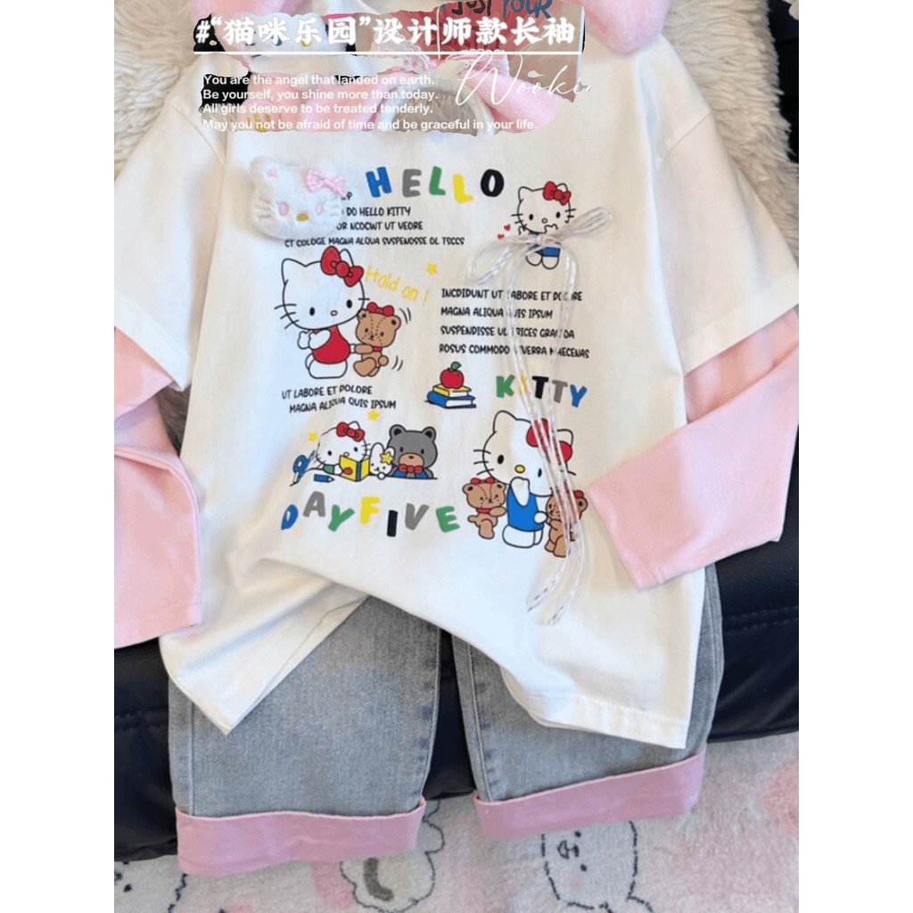 Camiseta de manga comprida para meninas primavera outono moda moda média grande crianças contraste cor puro algodão dese