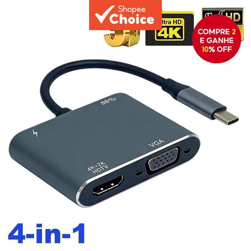 Hub USB-C 4-em-1 HDMI 4K VGA Porta USB Adaptador de Carregamento PD 87W para MacBook Laptop