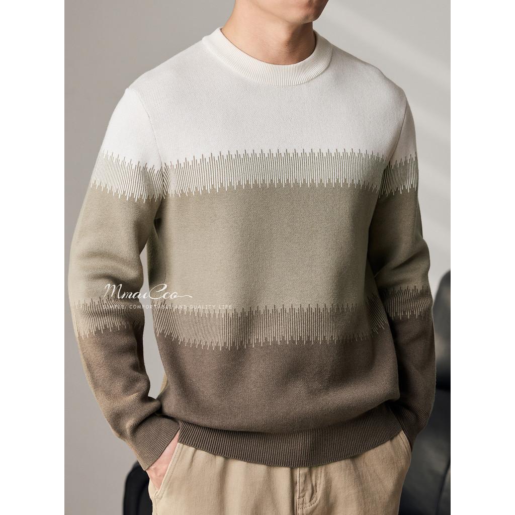 Momaike Suéter Masculino Estilo Inverno Gola Redonda Suéter Engrossado Listrado Cor Contraste Suéter Masculino Infraverm