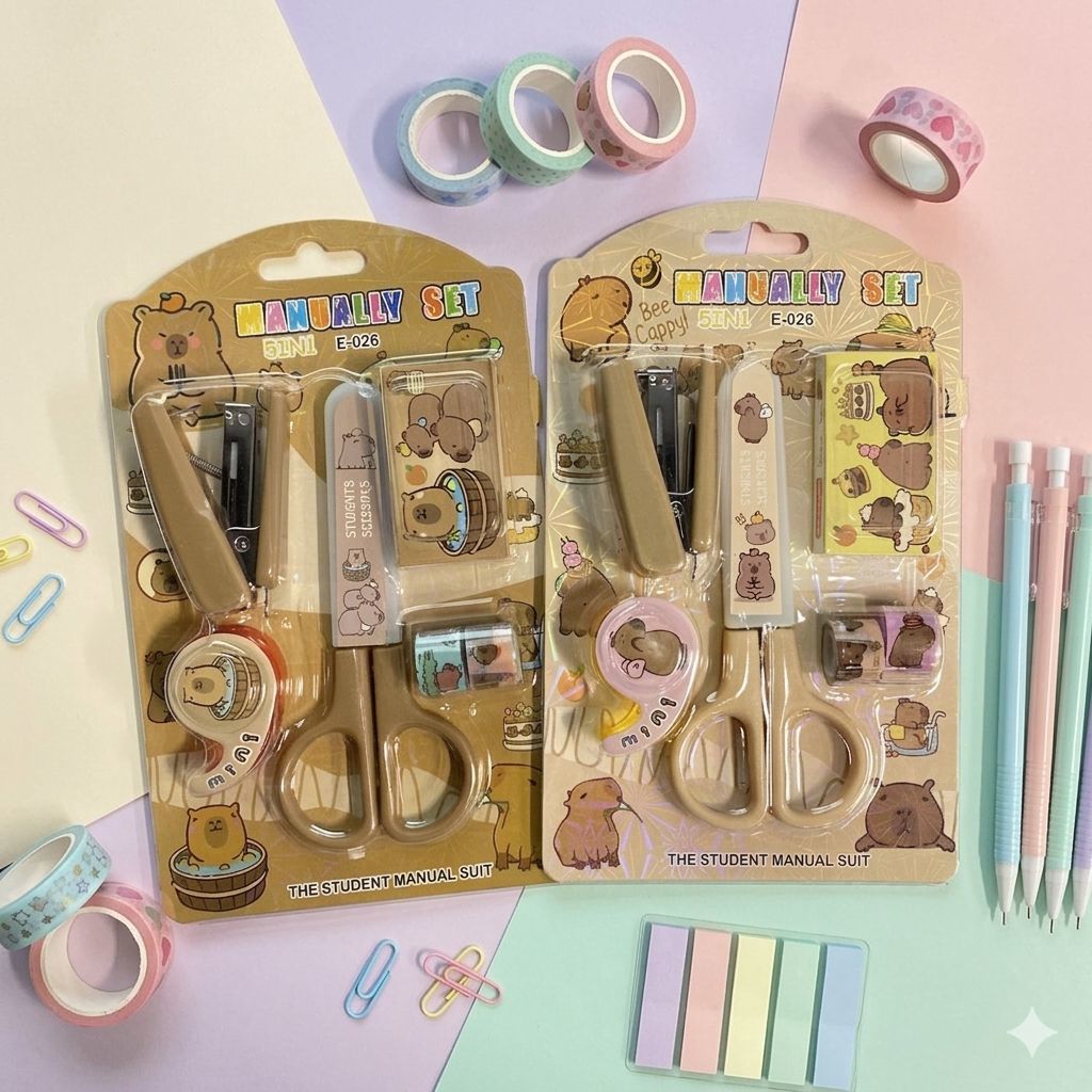 Kit Escolar Capivara Fofo 5 em 1 Tesoura + Grampeador + Fita + Grampos Papelaria Criativa