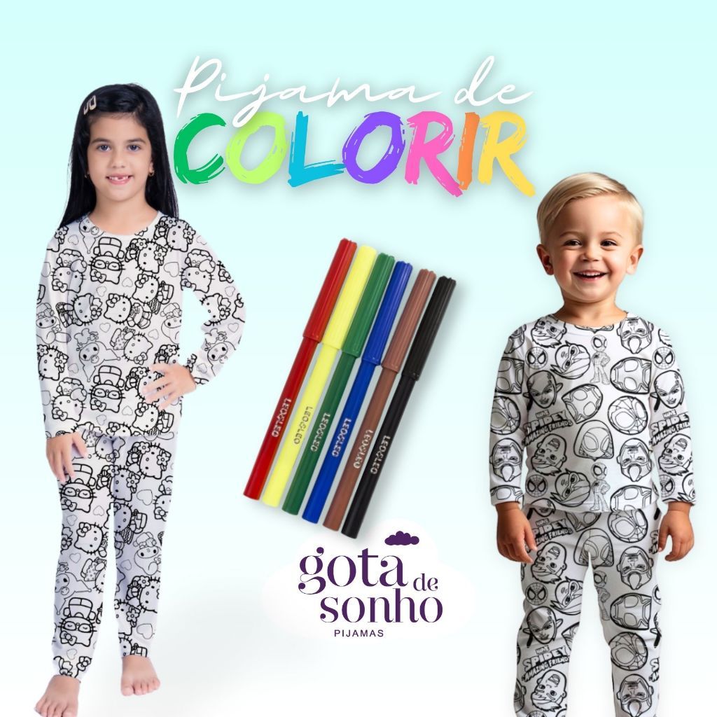 PIJAMA INFANTIL MANGA LONGA COM CANETINHA LAVÁVEL KIT PARA COLORIR DIVERTIDO ESTAMPADO PERSONAGENS