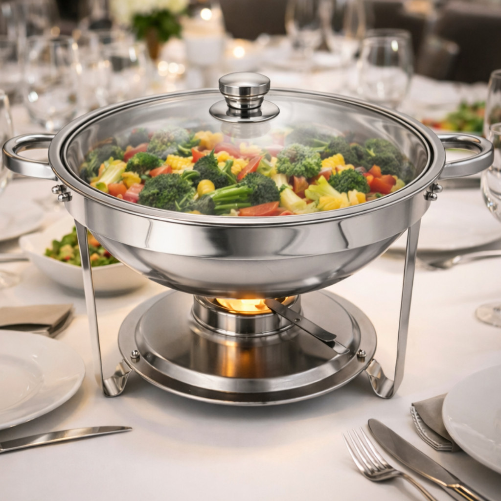 Rechaud Inox Redondo 6 Litros Banho Maria Aquecedor Alimento aço inox 6 litros Aço Inox com Tampa de Vidro