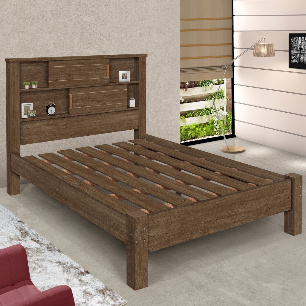 Cama Casal Cabeceira com Nichos e Portas Veneza Marrom/Mocaccino Mocaccino