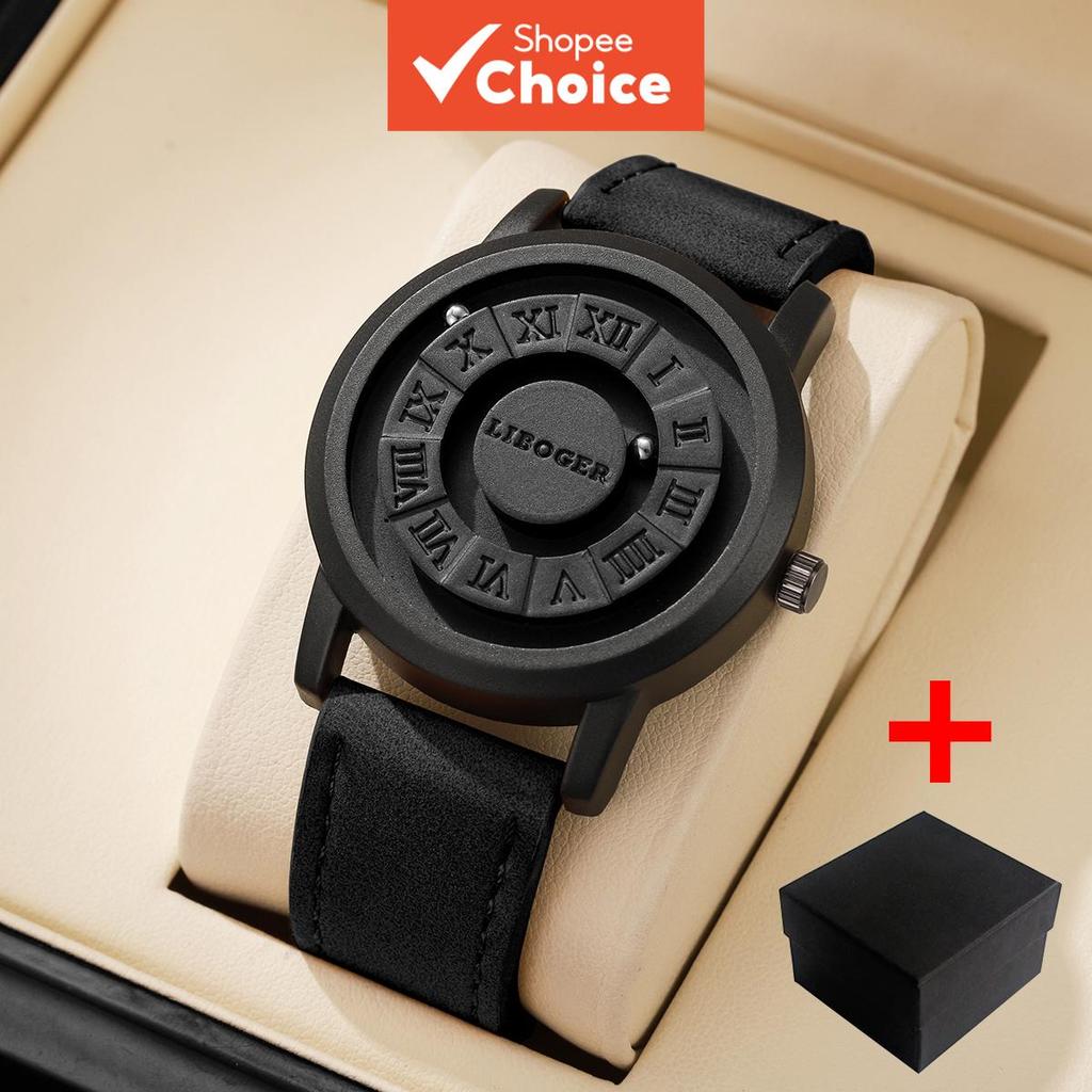 Moda Magnética Rolando Bola Dial Masculino Negócios Casual Relógio Esportivo Com Pulseira De Couro E Caixa