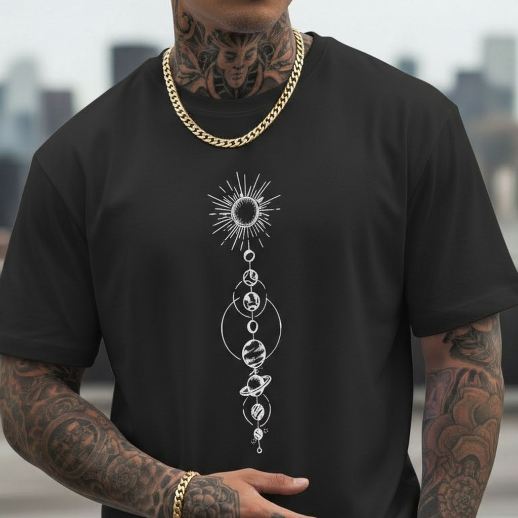 Camiseta Básica Casual Masculina Estampada Sistema Solar Vertical Estiloso Premium Academia Treino