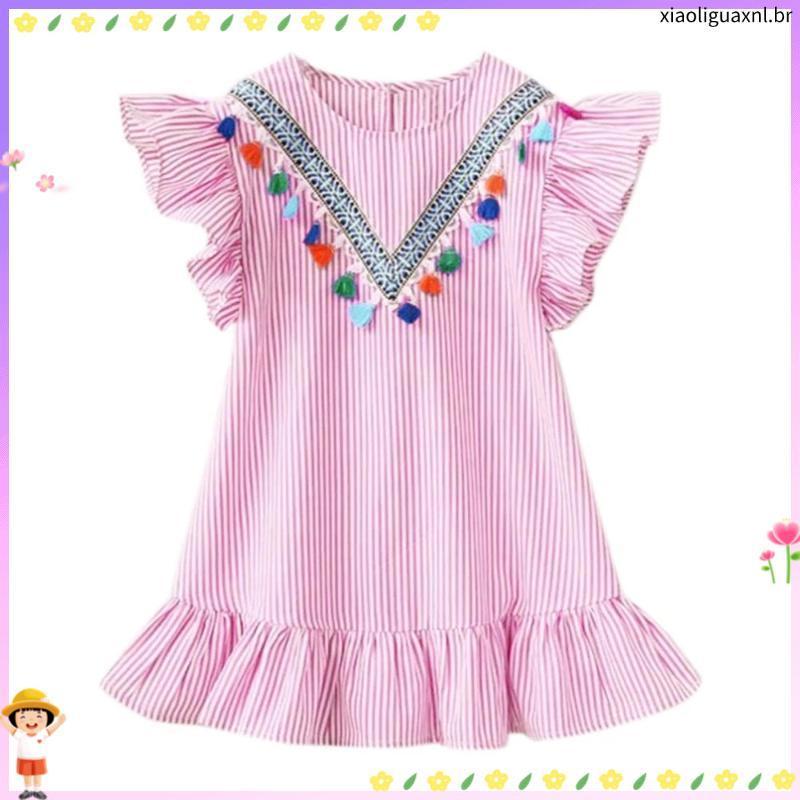 Vestido Infantil Azul Claro Listrado Invertido Manga Com Babado Festas Aniversário Luxo