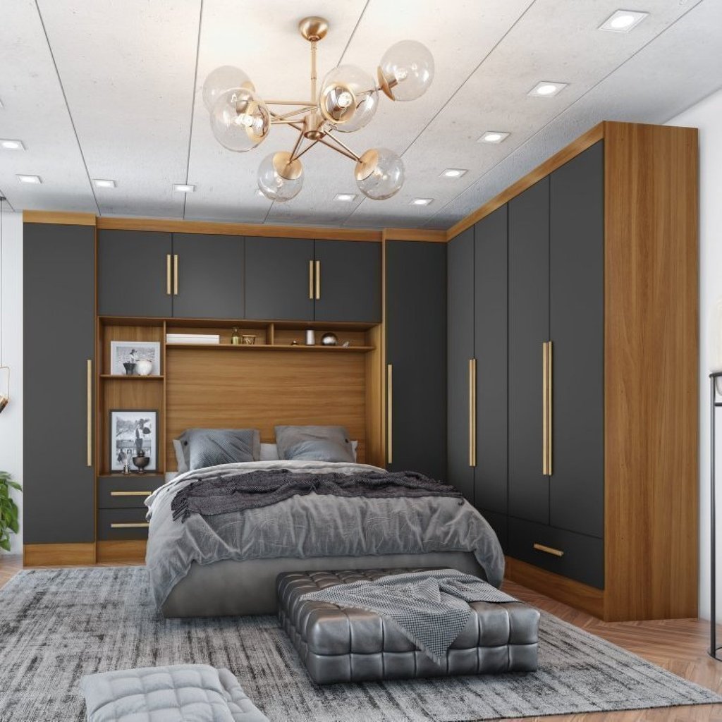 Quarto de Casal Completo Modulado 5 Peças 6 Portas 4 Gavetas com Maleiro Smart Plus Yescasa Bege/Cinamomo/Chumbo