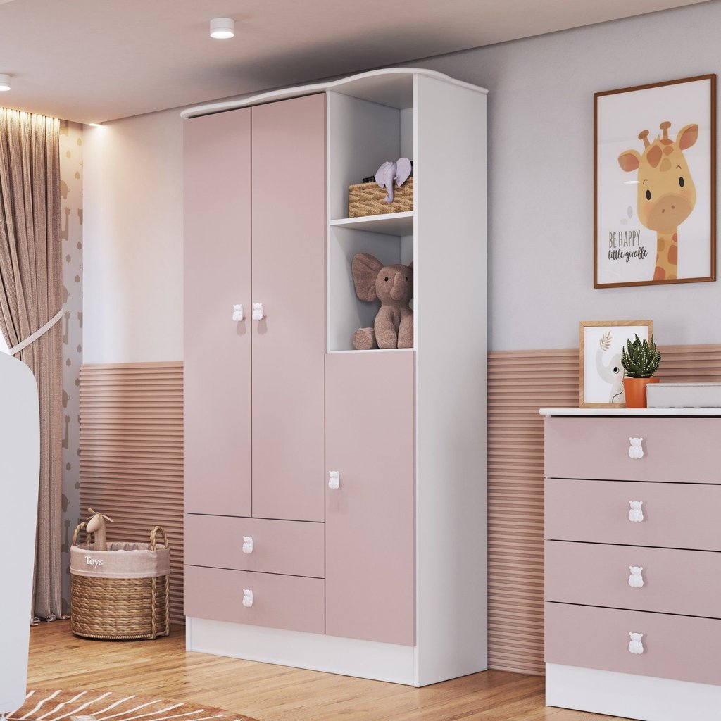 Guarda-Roupa de Bebê 3 Portas 2 Gavetas Baby  Branco/Rosa