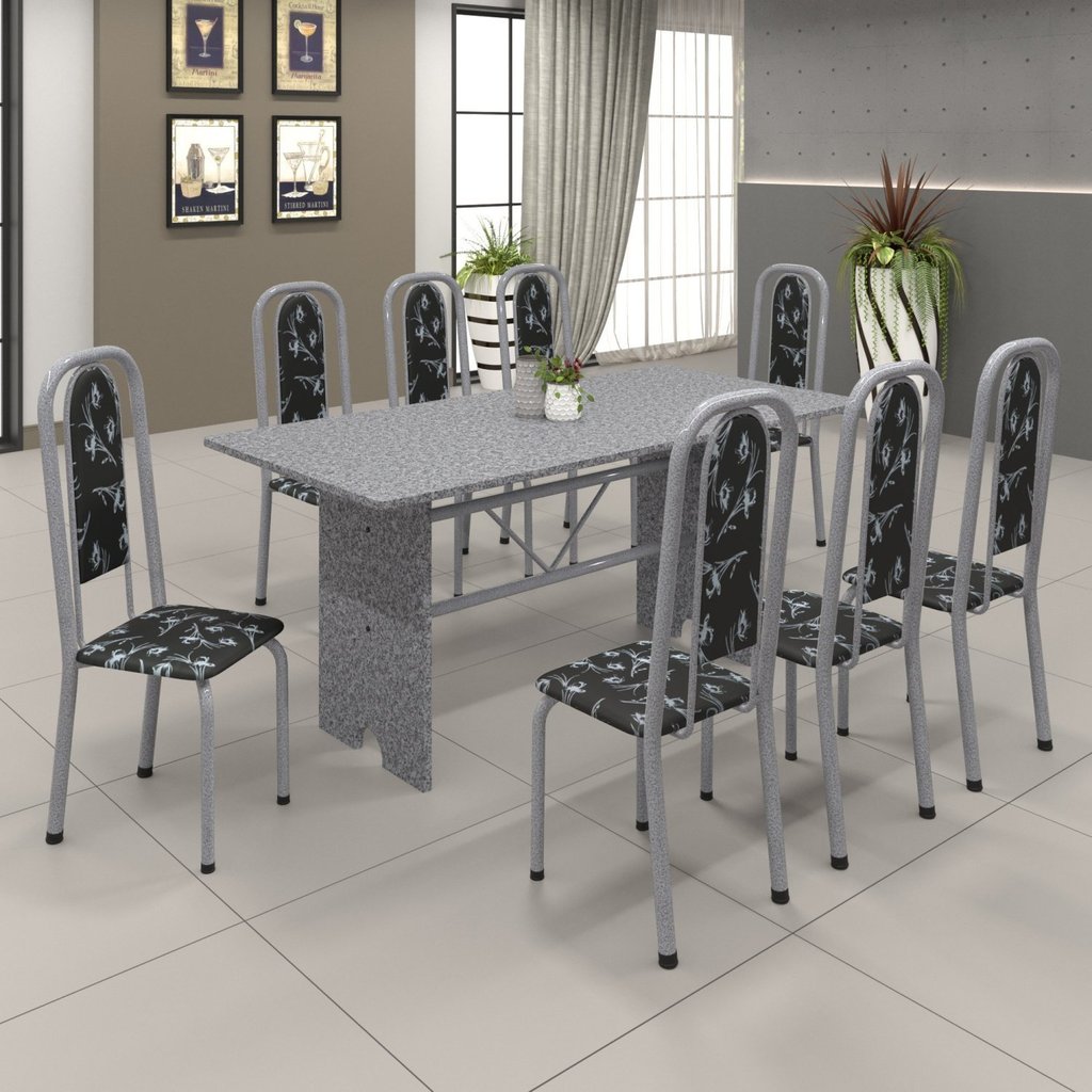 Conjunto de Mesa 180x75cm Tampo Granito com 8 Cadeiras Lavínea Cinza/Martelado Pérola/Ocre/Preto Floral Martelado