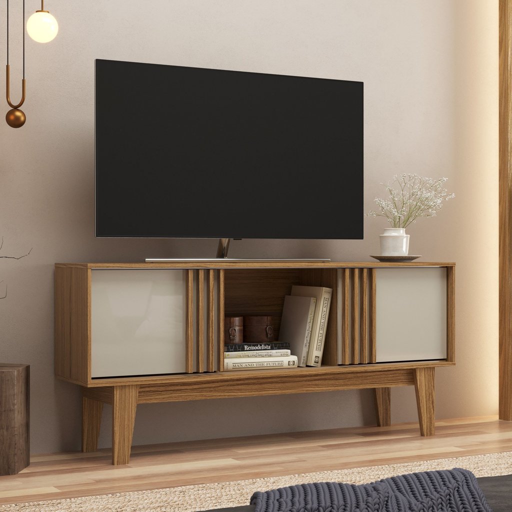 Rack Ripado para TV até 65 Polegadas 150cm RK2200 com Duas Portas Marrom Naturalle/Cristalo