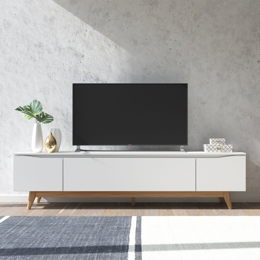 Rack para TV até 75 Polegadas MDF 219,5cm Pés em Madeira Maciça Flynt Bege Off White/Natural Off White/Natural