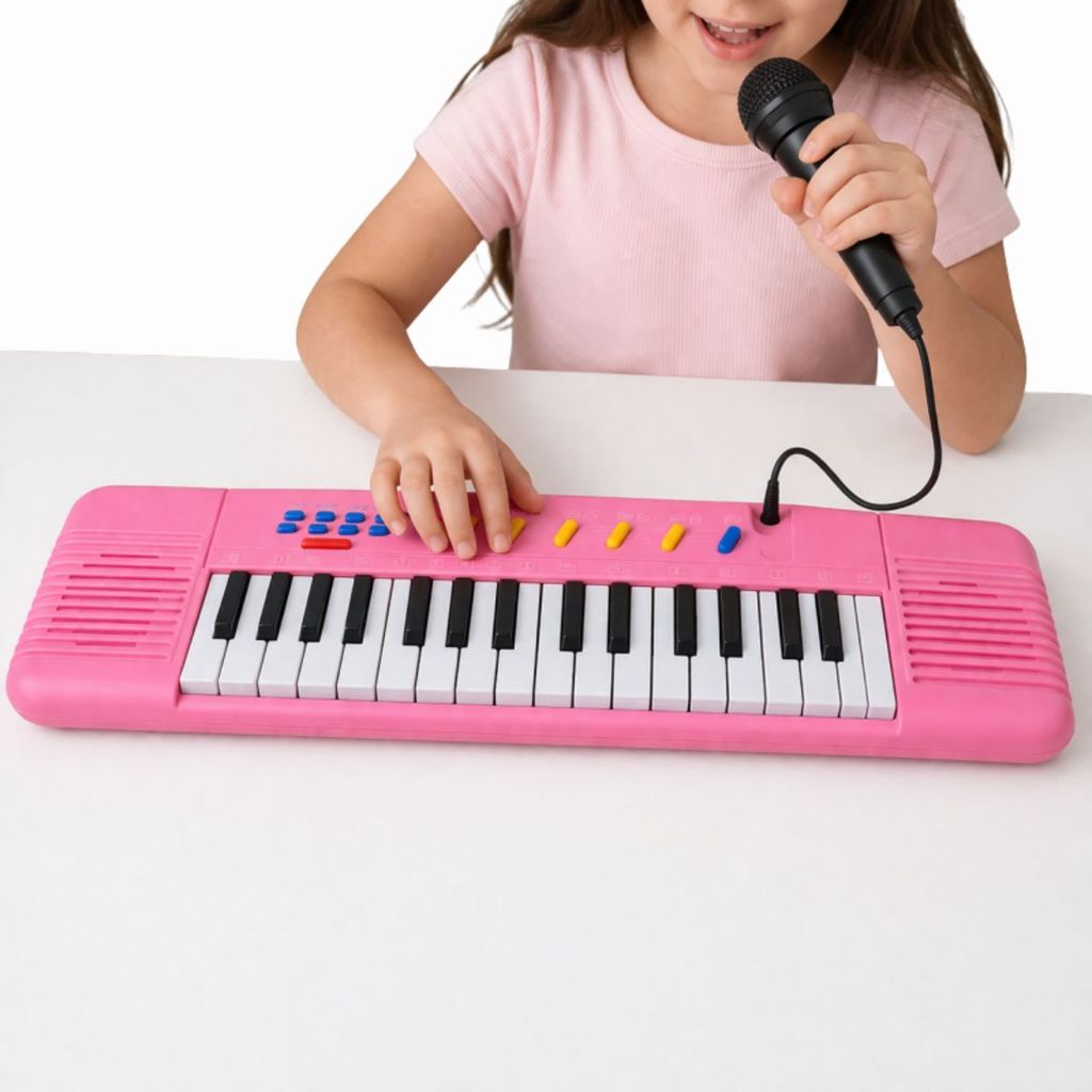 Piano Teclado Musical Infantil Microfone Educativo Karaoke Cor Rosa Presente Criança Órgão Completo Som Luzes