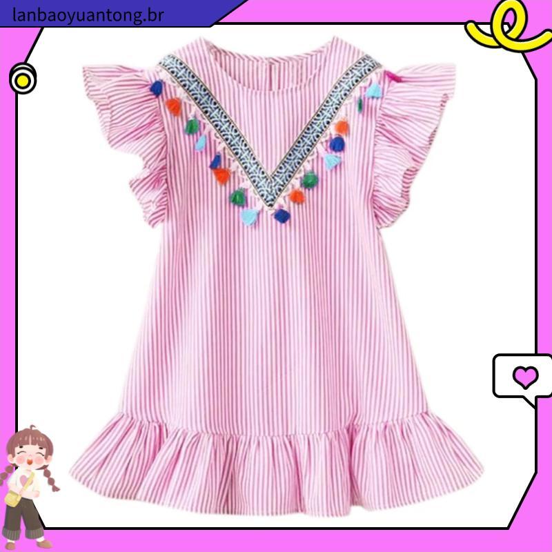 Vestido Infantil Azul Claro Listrado Invertido Manga Com Babado Festas Aniversário Luxo