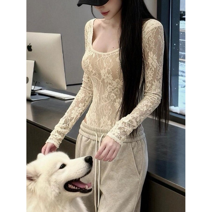 Puro desejo macacão de renda branca camisa de fundo feminino outono inverno quente menina apertado interior High-End tem