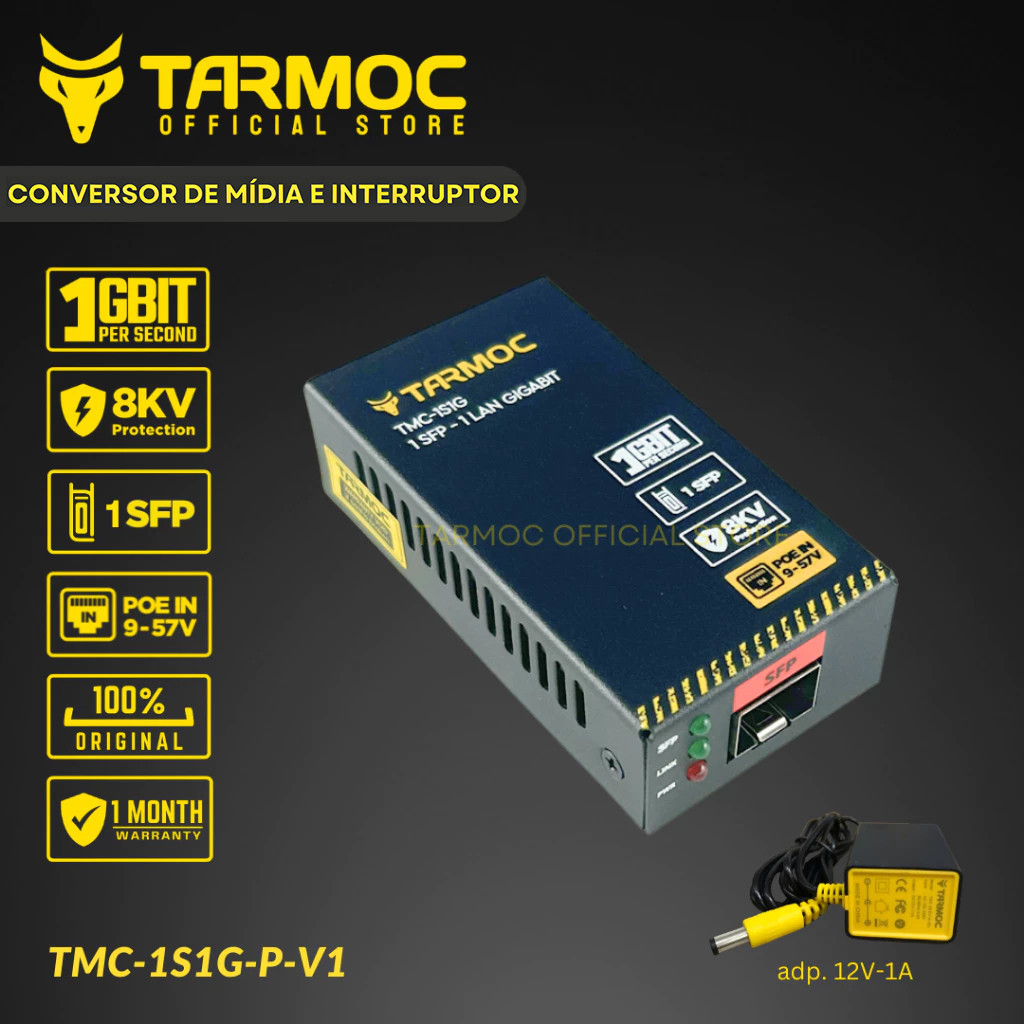 Tarmoc TMC-1S1G-P-V1 Conversor de Mídia Fibra Óptica Switch 1 SFP 1 LAN / 1 FO 1 LAN Gigabit POE IN 9-57 Volts