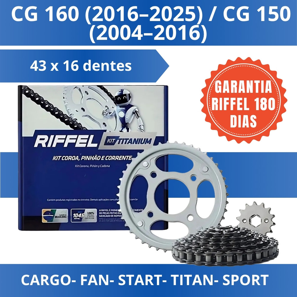 Kit Relação Transmissão CG 150 E 160 Sport 2004 A 2016 Riffel Titanium Aço 1045 Coroa Pinhão Corrente 91177-K