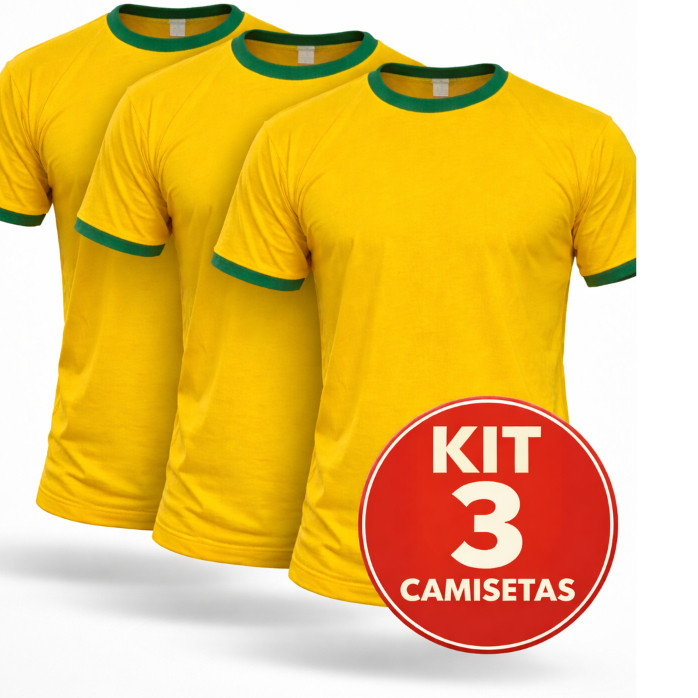 Kit 3 Camisetas Brasil Copa do Mundo 100% algodão Confortável Amarela e Verde World Cup