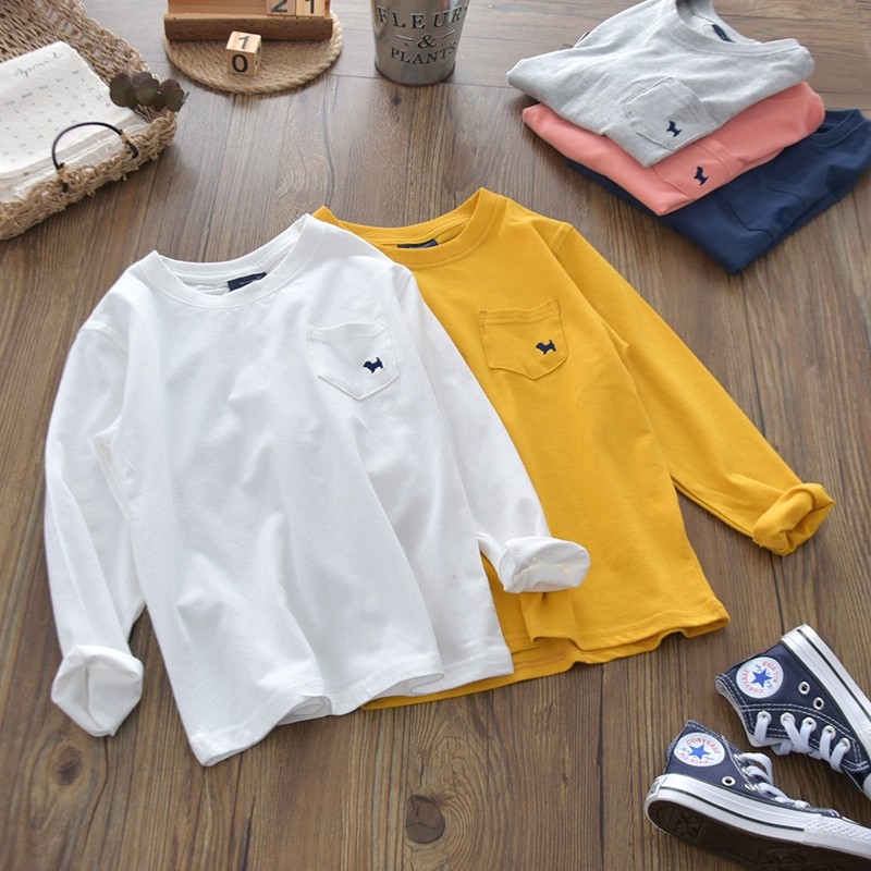 Macio ceroso pele-amigável crianças estiramento puro algodão manga comprida camiseta meninos meninas escovado em torno d