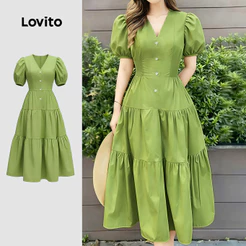 Lovito Elegante Vestido Longo Linha Estrutura Lazer Simples Primavera/verão Verde para Mulheres LK4ED1552