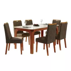 Conjunto Sala de Jantar Mesa Tampo em Vidro 1,60m Mel 6 Cadeiras Bel