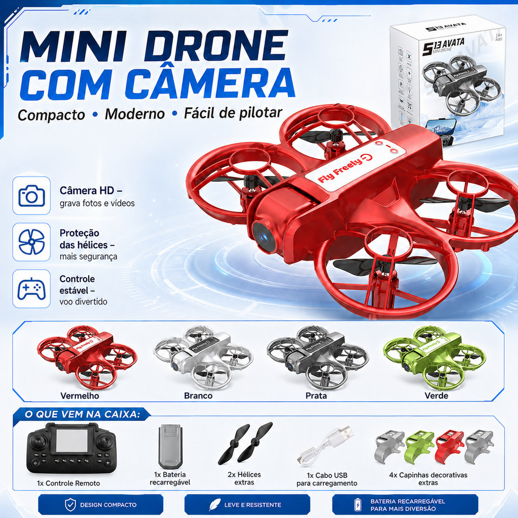 Mini Drone com Câmera para Foto e Vídeo, Modo Headless, Flip 360°, Altitude Fixa e Bateria