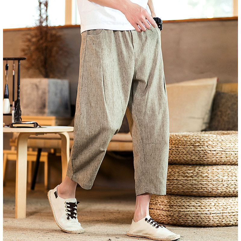 Verão estilo chinês linho calças cortadas masculinas soltas tamanho grande gordura algodão linho Shorts masculino Casual