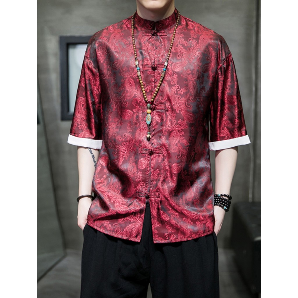 Estilo chinês camisa de seda gelo masculina jaqueta de verão chinês Retro Tang terno meia manga estilo fino solto Hanfu 
