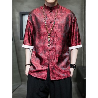 Estilo chinês camisa de seda gelo masculina jaqueta de verão chinês Retro Tang terno meia manga estilo fino solto Hanfu 