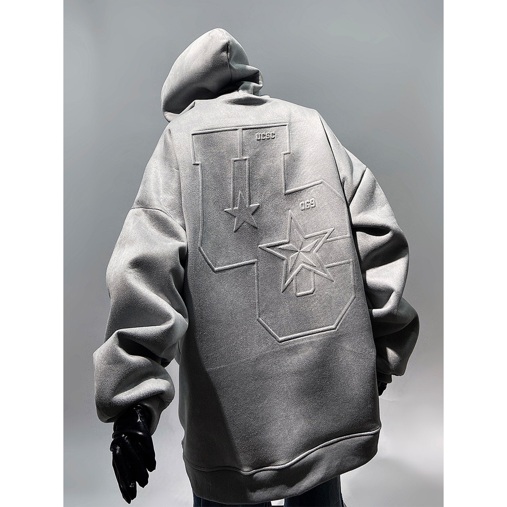 UUCSCC Hip Hop Street Wear Pulôver Camurça Em Relevo Moletom Com Capuz Solto Casual Jaqueta Básica Com Capuz Masculino