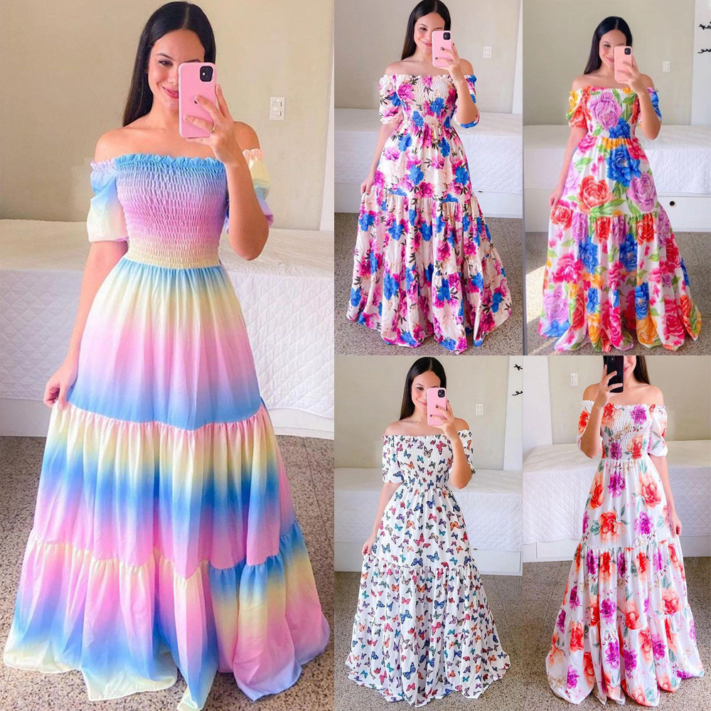 Vestido floral de um ombro só para primavera e verão, vestido longo de moda com ombros à mostra.
