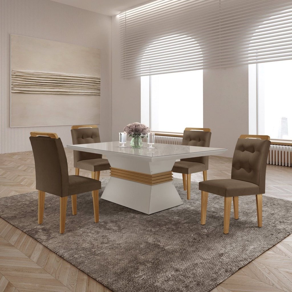 Mesa Clarice 120 Tampo Mdf Vidro/canto Reto 4 Cadeiras Valentina Veludo Marrom/Off White/Imbuia