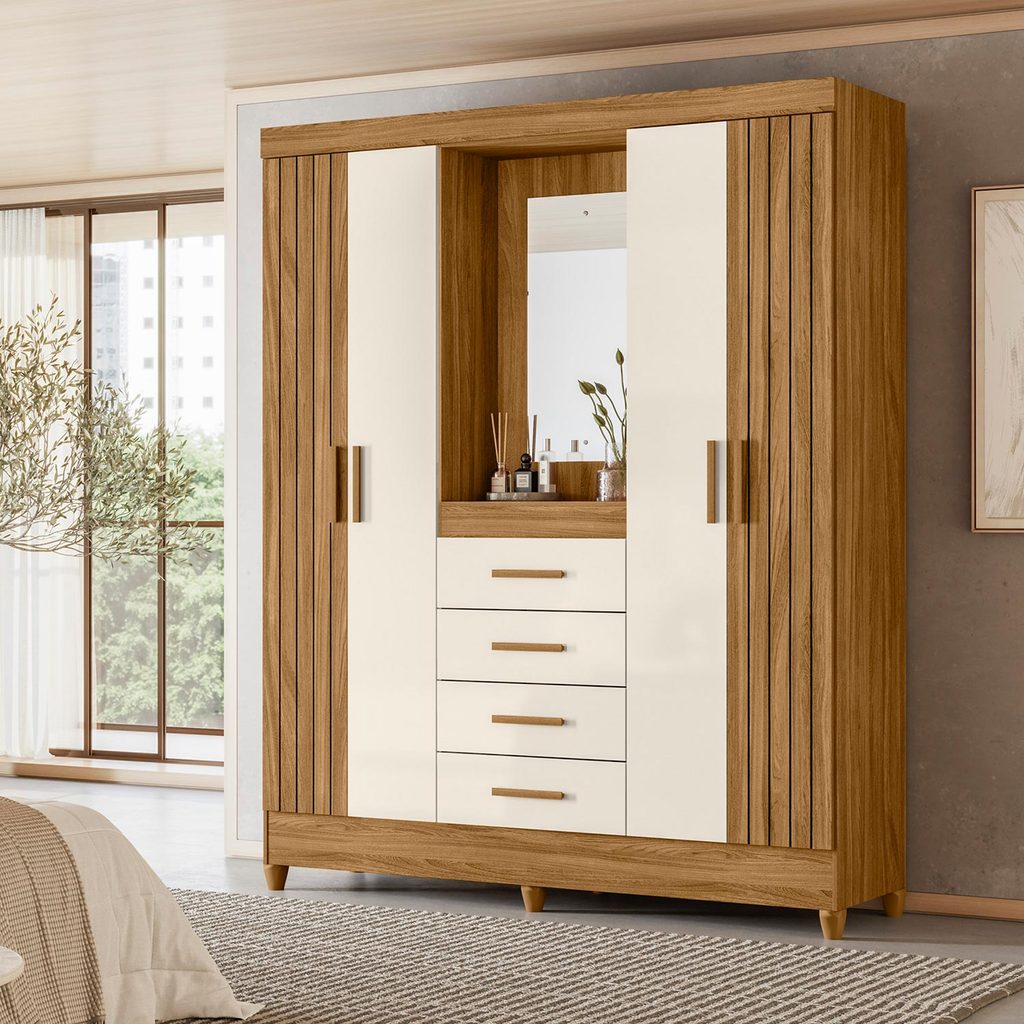 Guarda Roupa Atenas Para Quarto Casal com 4 Portas 4 Gavetas Espelho Freijo com Off White - Moval