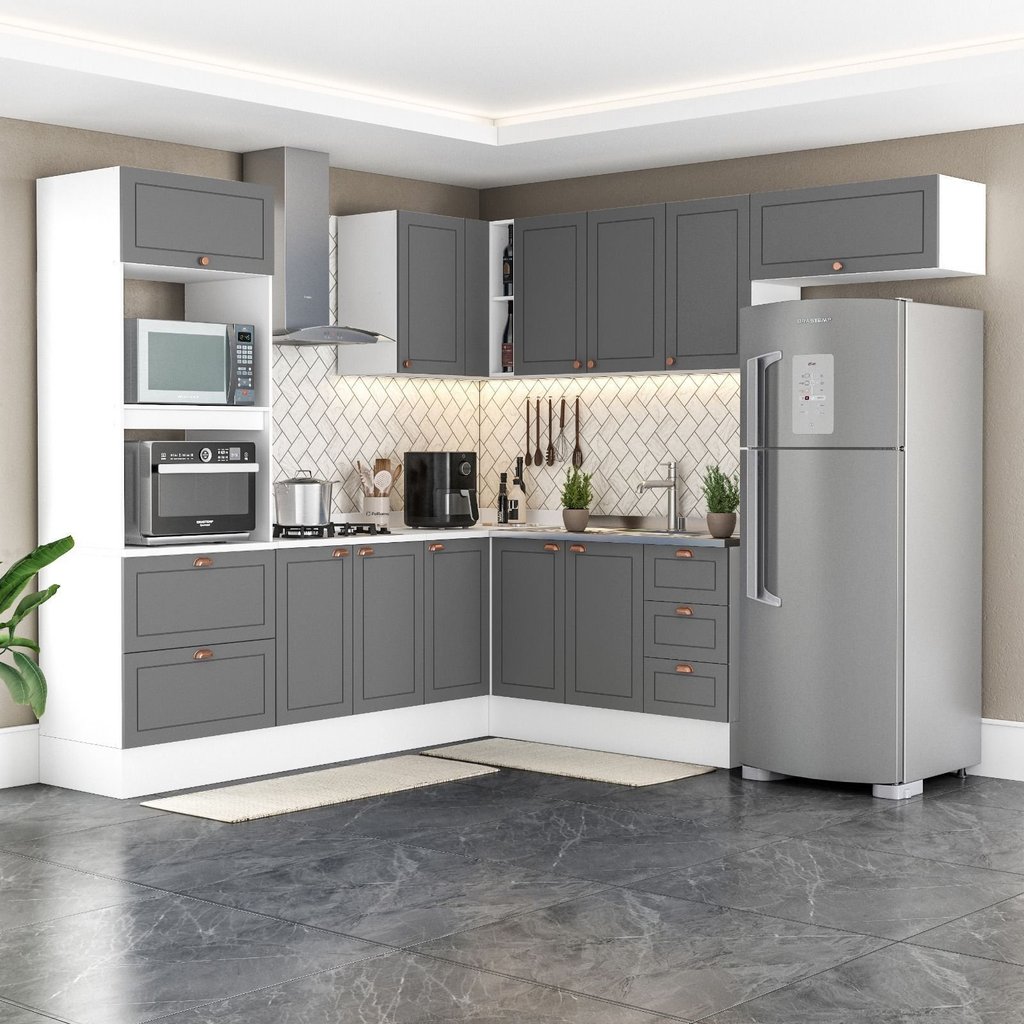 Cozinha Completa Modulada 8 Peças com Rodapé Pérola Yescasa Cinza/Branco Cinza/Branco