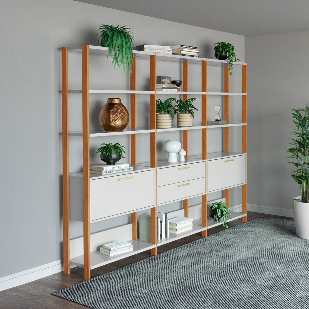Estante de Livros 100% MDF 216cmx185cm Estantes 3 Unidades Dalla Freijó/Off White