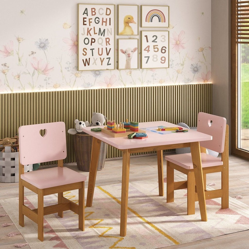 Conjunto Infantil Mesa com 2 Cadeiras Sofia   Madeira Maciça e MDF  Rosa/mel