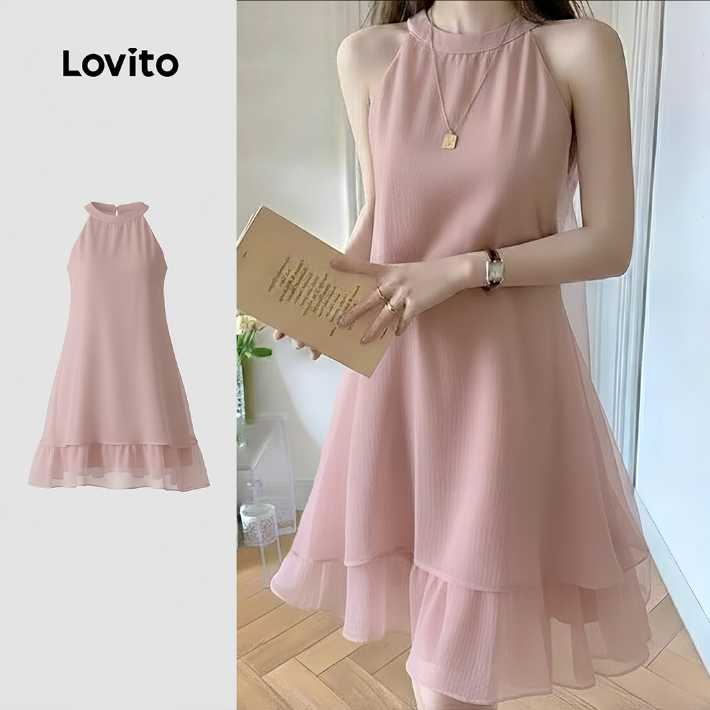 Lovito Vestido Rosa Casual de Duas Camadas com Zíper Duplo para Mulheres Elegant