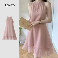 Lovito Vestido Rosa Casual de Duas Camadas com Zíper Duplo para Mulheres Elegante para primavera/verão LK5ED149