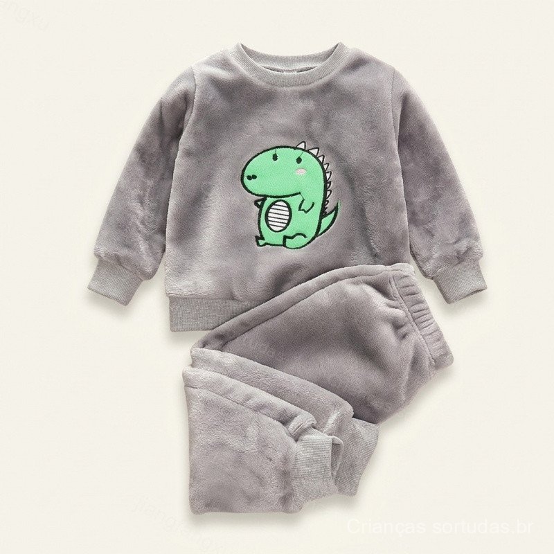 Conjunto de moletom infantil com estampa de dinossauro e forro de lã, feito de lã coral espessa e quente para crianças d