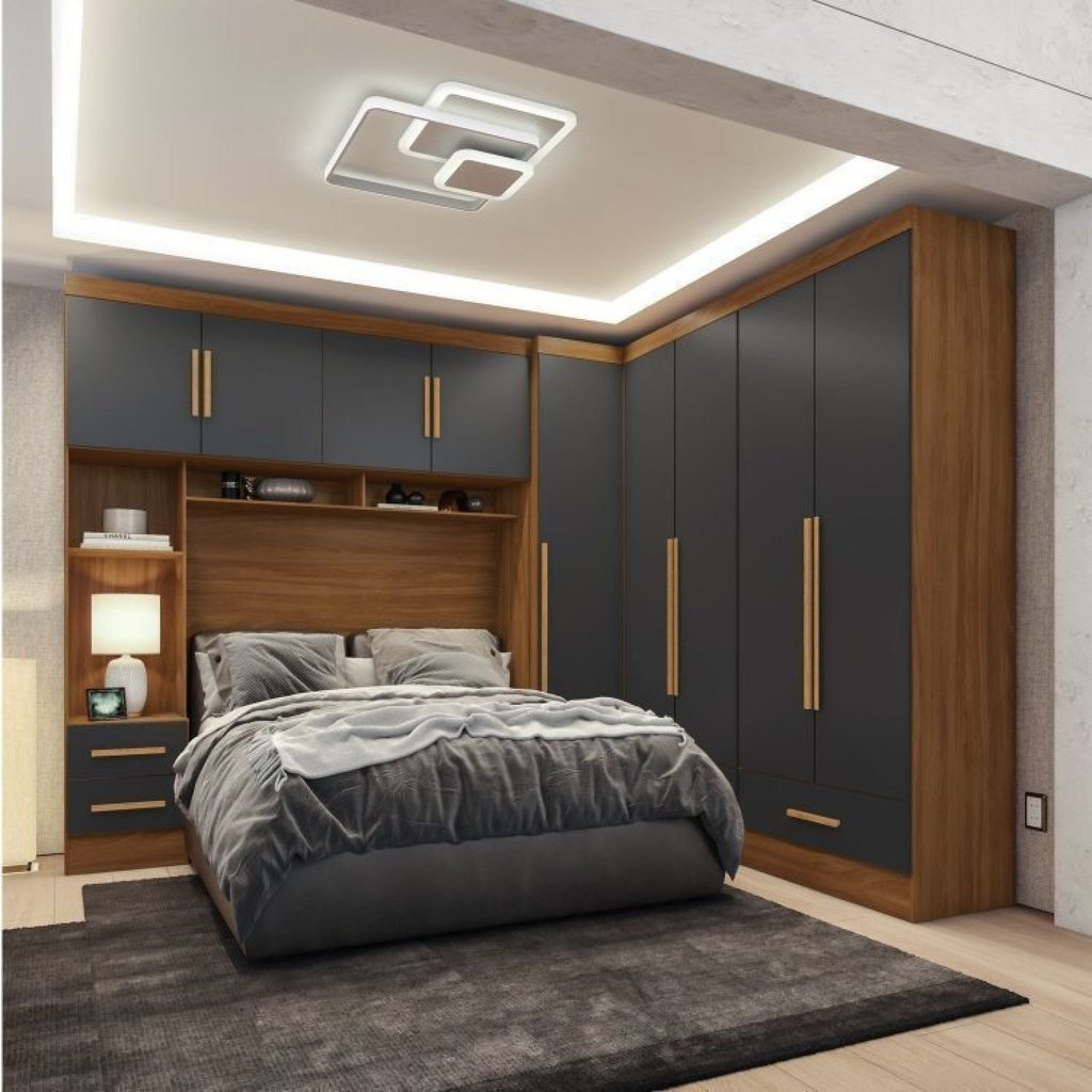 Quarto Modulado Casal Completo 4 Peças 5 Portas 4 Gavetas com Maleiro Smart Plus Yescasa Bege/Cinamomo/Chumbo