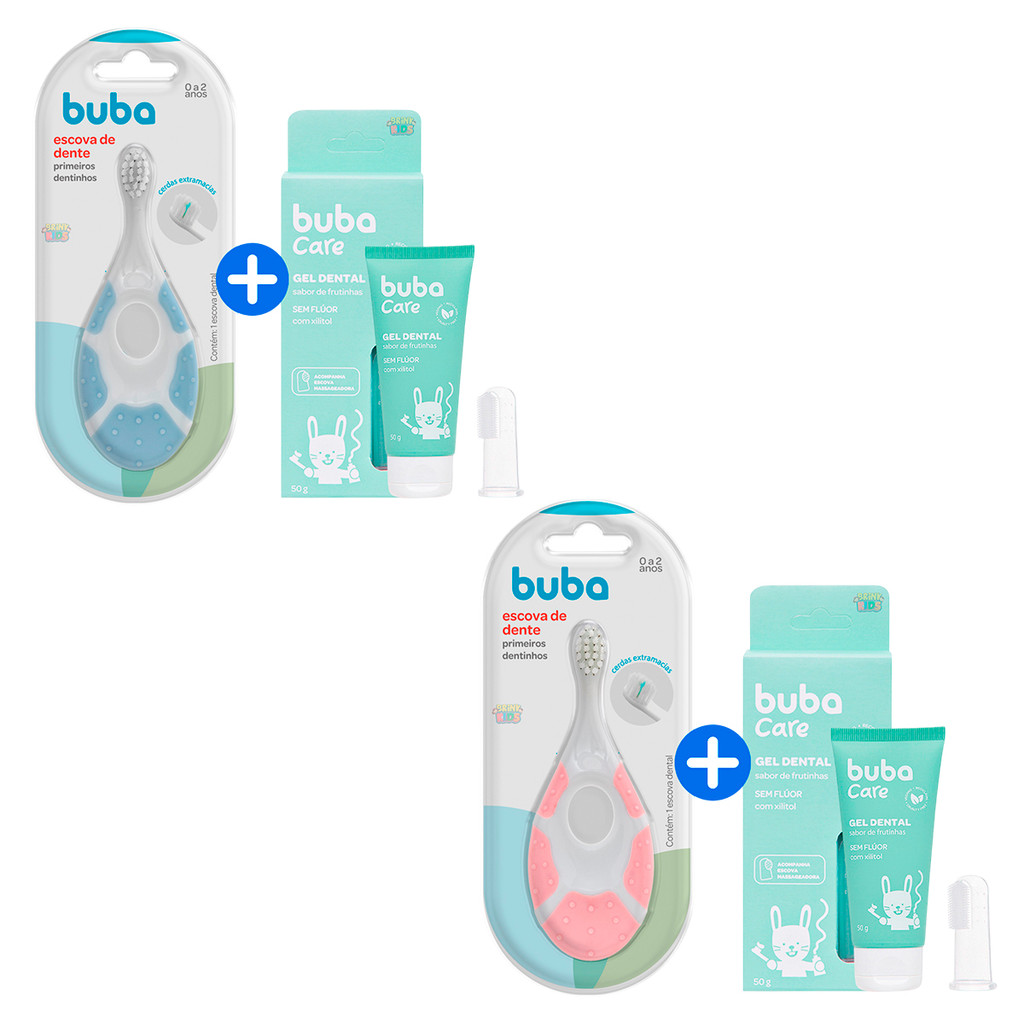 Kit Escova de Dente + Gel Dental Infantil Bebê Buba Primeiro Dentinho Sem Fluor  Escova Massageadora