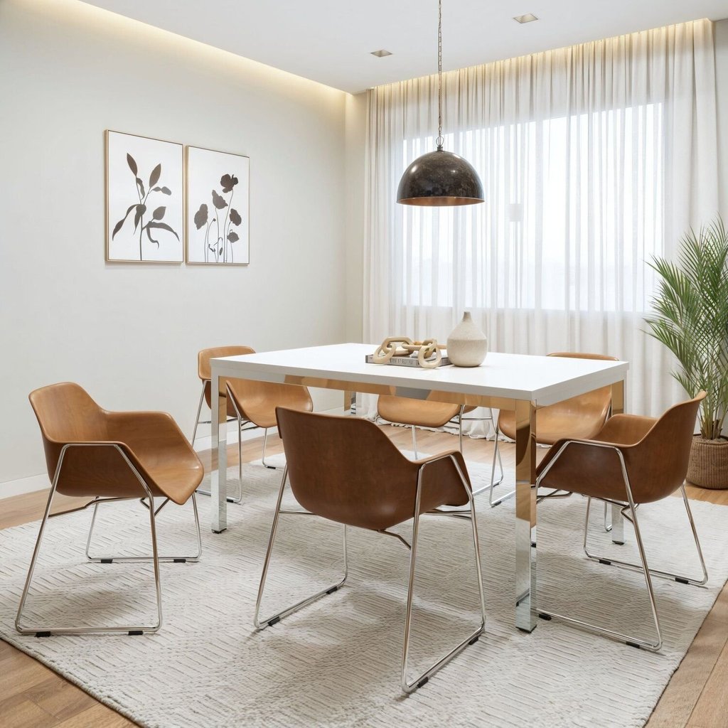 Conjunto Sala de Jantar 6 Lugares Retangular Tampo MDF 160X85cm Mesa Smart com Cadeiras Lodelô Branco/Serragem/Cromado