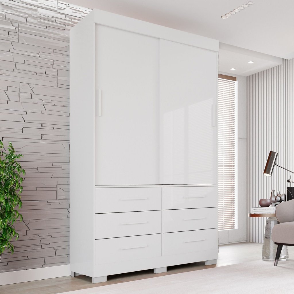 Guarda Roupa com Pés 2 Portas 6 Gavetas Luana Branco