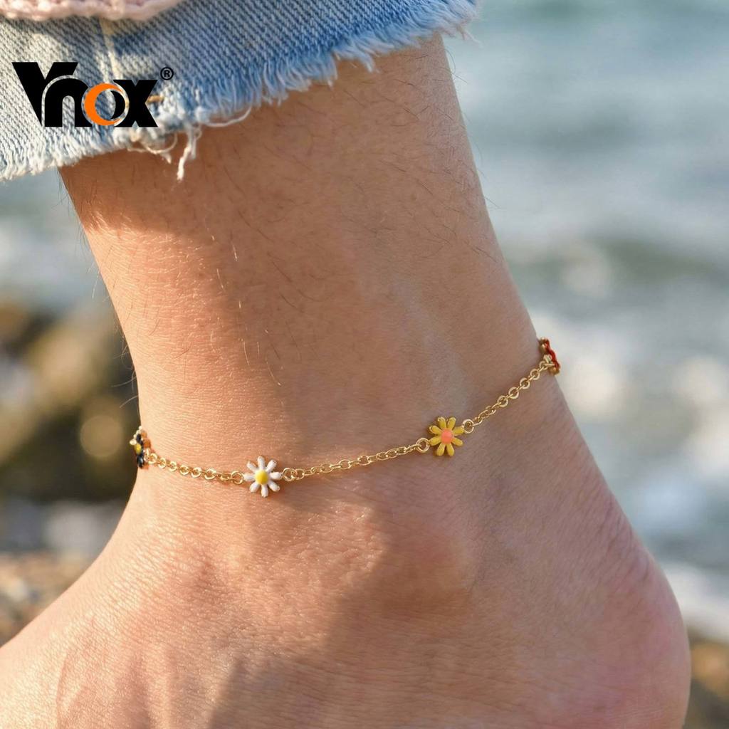 Vnox Aço Inoxidável Colorido Gotejamento Óleo Margarida Pé Corrente Ouro Bonito Verão Praia Boho Tornozeleiras Jóias Pre